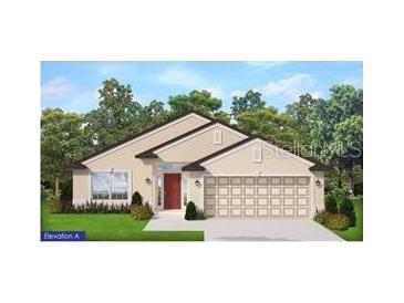 Attractive single-story home with a two-car garage and landscaped lawn at 2632 Averland Loop, North Port, FL 34287