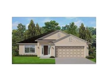 Single-story home with a two-car garage and landscaped lawn at 2655 Averland Loop, North Port, FL 34287