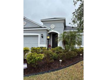 Gray house with a two-car garage and well-manicured landscaping at 10923 Blue Magnolia Ln, Parrish, FL 34219