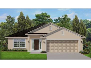 Single-story home with a two-car garage and landscaped lawn at 2500 Averland Loop, North Port, FL 34287