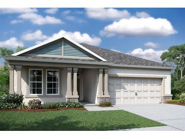 One-story home with light taupe siding, gray roof, and a two-car garage at 19591 Fort King Run, Brooksville, FL 34601