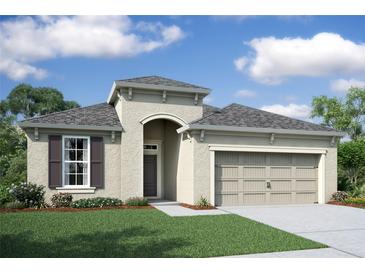 One-story home with stucco exterior, two-car garage, and landscaped lawn at 19649 Fort King Run, Brooksville, FL 34601