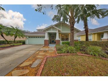 Inviting one-story home with a light green facade, landscaping, and a stone path at 8030 Hampton Lake Dr, Tampa, FL 33647