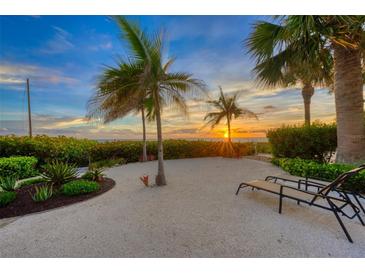 Sunset view from the backyard with lounge chairs and tropical landscaping at 325 Casey Key Rd, Nokomis, FL 34275