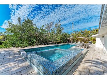 Inviting pool and spa with patio furniture, offering a relaxing outdoor oasis at 115 Los Cedros Dr, Anna Maria, FL 34216