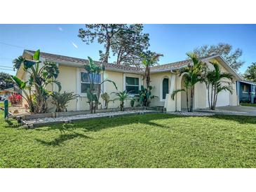 Landscaped front yard featuring well-maintained lawn and tropical plants framing the charming one-story home at 2407 Amanda Dr, Sarasota, FL 34232