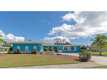 Charming Ranch home with a bright blue exterior, basketball court, and lush landscaping at 125 Severin Se Rd, Port Charlotte, FL 33952