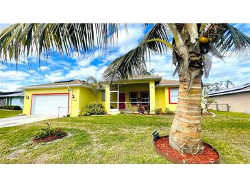Bright yellow house with red trim, palm trees, and a well-manicured lawn at 18204 Ackerman Ave, Port Charlotte, FL 33948