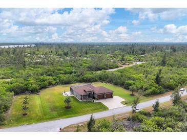 Aerial view of single-story home with large yard, showcasing the property's tranquil setting at 10451 Hatchett Cir, Port Charlotte, FL 33981