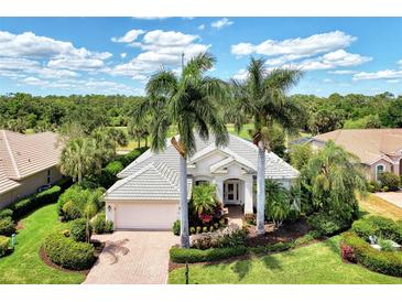 Aerial view of a single-Gathering home with a tile roof, palm trees, and lush landscaping at 13760 Long Lake Ln, Port Charlotte, FL 33953