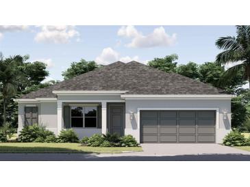 Single-story home with gray exterior, two-car garage, and landscaping at 2814 Vogler Ln, North Port, FL 34286