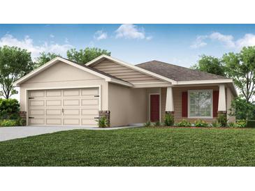 One-story home with beige siding, brown roof, and a two-car garage at 6016 Mangrove Creek Rd, Wimauma, FL 33598