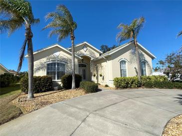 Brightly lit home with a large driveway, palm trees, and manicured landscaping at 25 Windsor Dr, Englewood, FL 34223