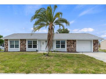 One-story home with gray exterior, stone accents, and palm tree at 6232 Drucker Cir, Port Charlotte, FL 33981