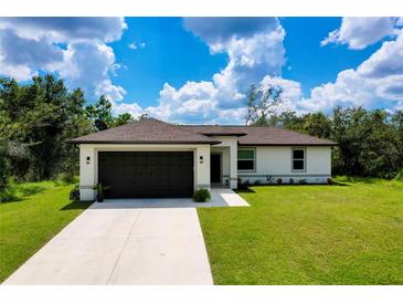 Beautiful single-story home featuring a dark garage door, manicured lawn, and a well-lit entrance at 13341 Drummond Ave, Port Charlotte, FL 33953