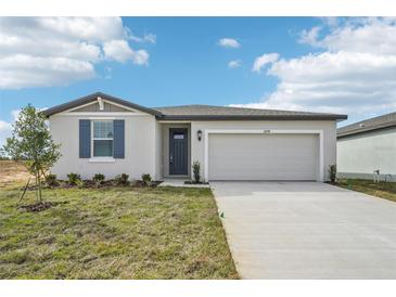 One story home with gray siding, two car garage, and landscaped lawn at 31698 Wild Grape Ln, Brooksville, FL 34602