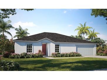 Single-story home with gray garage door and red front door, surrounded by landscaping at 17412 Wellsley Ave, Port Charlotte, FL 33954