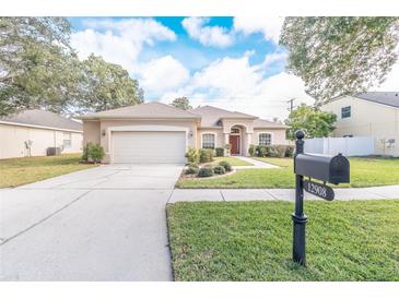 Tan one-story house with a red door, two-car garage, and well-manicured lawn at 12908 Cattail Shore Ln, Riverview, FL 33579