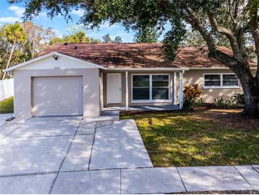 Tan house with brown roof, attached garage, and a large tree in the front yard at 7939 Riverdale Dr, New Port Richey, FL 34653