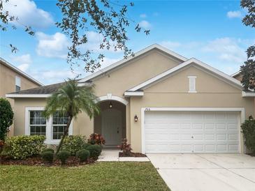 Tan house with white garage door, landscaping, and palm tree at 706 Fern Leaf Dr, Ruskin, FL 33570