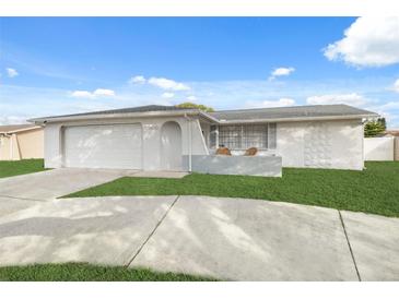 Ranch-style home with a white exterior, attached garage, and well-maintained lawn at 4406 Woodtrail Blvd, New Port Richey, FL 34653