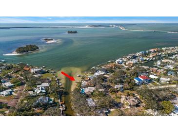 Aerial view of waterfront property with private dock and lush landscaping at 103 Shore Dr, Dunedin, FL 34698