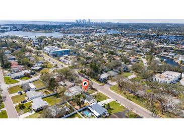 Aerial view showing home's location, neighborhood, and proximity to water at 4401 Shore Acres Ne Blvd, St Petersburg, FL 33703