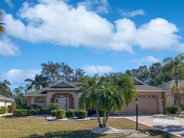 Single-story home with landscaped yard and two-car garage at 2321 E Del Webb Blvd, Sun City Center, FL 33573