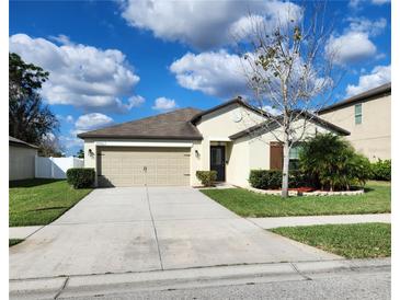 Charming single-story home features a two-car garage, manicured lawn and mature landscaping at 39567 Dawson Chase Dr, Zephyrhills, FL 33540