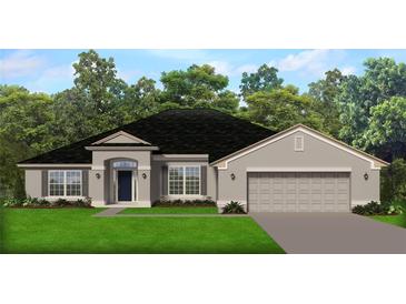 One-story home with gray exterior, two-car garage, and landscaped lawn at 12308 Trout Cir, Spring Hill, FL 34609