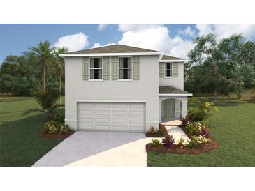 Two-story house with light gray siding, shutters, and a two-car garage at 30937 Wild Juniper Ct, Brooksville, FL 34602