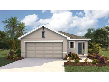 One-story home with neutral exterior, two-car garage, and landscaping at 30945 Wild Juniper Ct, Brooksville, FL 34602