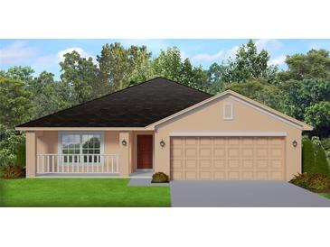One-story house with a brown roof, beige walls, and a two-car garage at 13221 Gulf Bay Ln, Spring Hill, FL 34609
