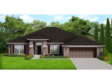 One-story home with brown roof, attached garage, and landscaped lawn at 10040 Hayward Rd, Spring Hill, FL 34608