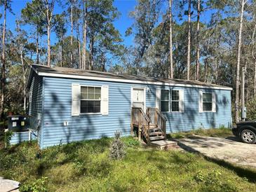 Charming single-story home with light blue siding, white trim, and a small front porch surrounded by tall trees at 13107 Texel Ave, New Port Richey, FL 34654