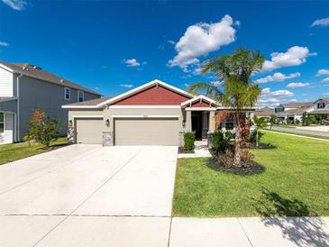 Two-story house with a two-car garage and landscaped lawn at 11818 Tetrafin Dr, Riverview, FL 33579