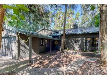 Dark gray house with metal roof, walkway, and landscaping at 17210 Orangewood Dr, Lutz, FL 33548