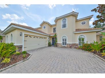 Two-story house with a three-car garage and landscaped front yard at 18050 Cozumel Isle Dr, Tampa, FL 33647