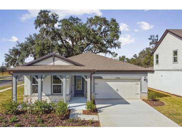 Single-story home with gray siding, stone accents and two-car garage at 37886 Clinch Cir, Zephyrhills, FL 33540