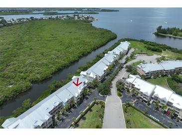 Aerial view of waterfront community with lush landscaping and canal access at 3226 Mangrove Point Dr, Ruskin, FL 33570