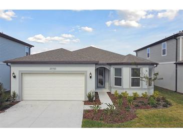 Charming single-story home featuring a two-car garage and beautifully landscaped front yard at 20783 Balsam Hill Rd, Land O Lakes, FL 34638