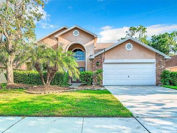 Two-story house with tan exterior, white garage door, and landscaped yard at 9083 Quail Creek Dr, Tampa, FL 33647