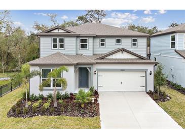 Two-story house with gray siding, white garage door, and landscaping at 12614 Glenn Creek Dr, Riverview, FL 33569