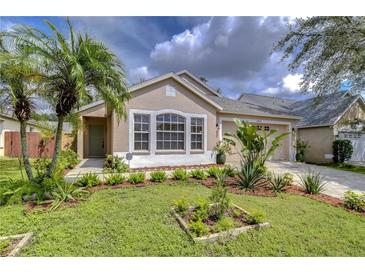 Tan one-story house with landscaped yard and two-car garage at 10922 Brucehaven Dr, Riverview, FL 33578