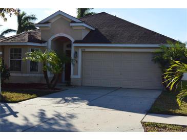 Tan one-story house with dark brown roof, two-car garage, and palm trees at 10718 Standing Stone Dr, Wimauma, FL 33598