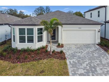 Single-story home with a two-car garage and landscaped front yard at 13808 Sunlight Meadow Dr, Riverview, FL 33578