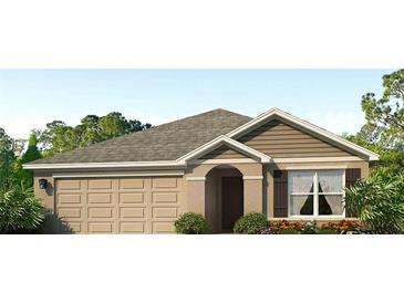 One-story home with a two-car garage and landscaped front yard at 6223 Distant Haze Pl, Palmetto, FL 34221