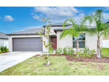 One-story house with a two-car garage and landscaped front yard at 39724 Harmon Grove Ct, Zephyrhills, FL 33540