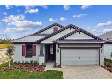 Single-story home with gray siding, red shutters, and a two-car garage at 2424 Wise River Ln, Zephyrhills, FL 33544