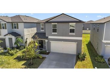 Two-story house with gray siding, white garage door, and landscaping at 9917 Spanish Lime Ct, Riverview, FL 33578